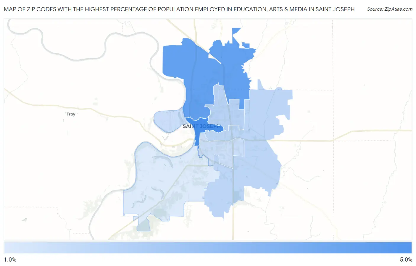 Zip Codes with the Highest Percentage of Population Employed in Education, Arts & Media in Saint Joseph Map
