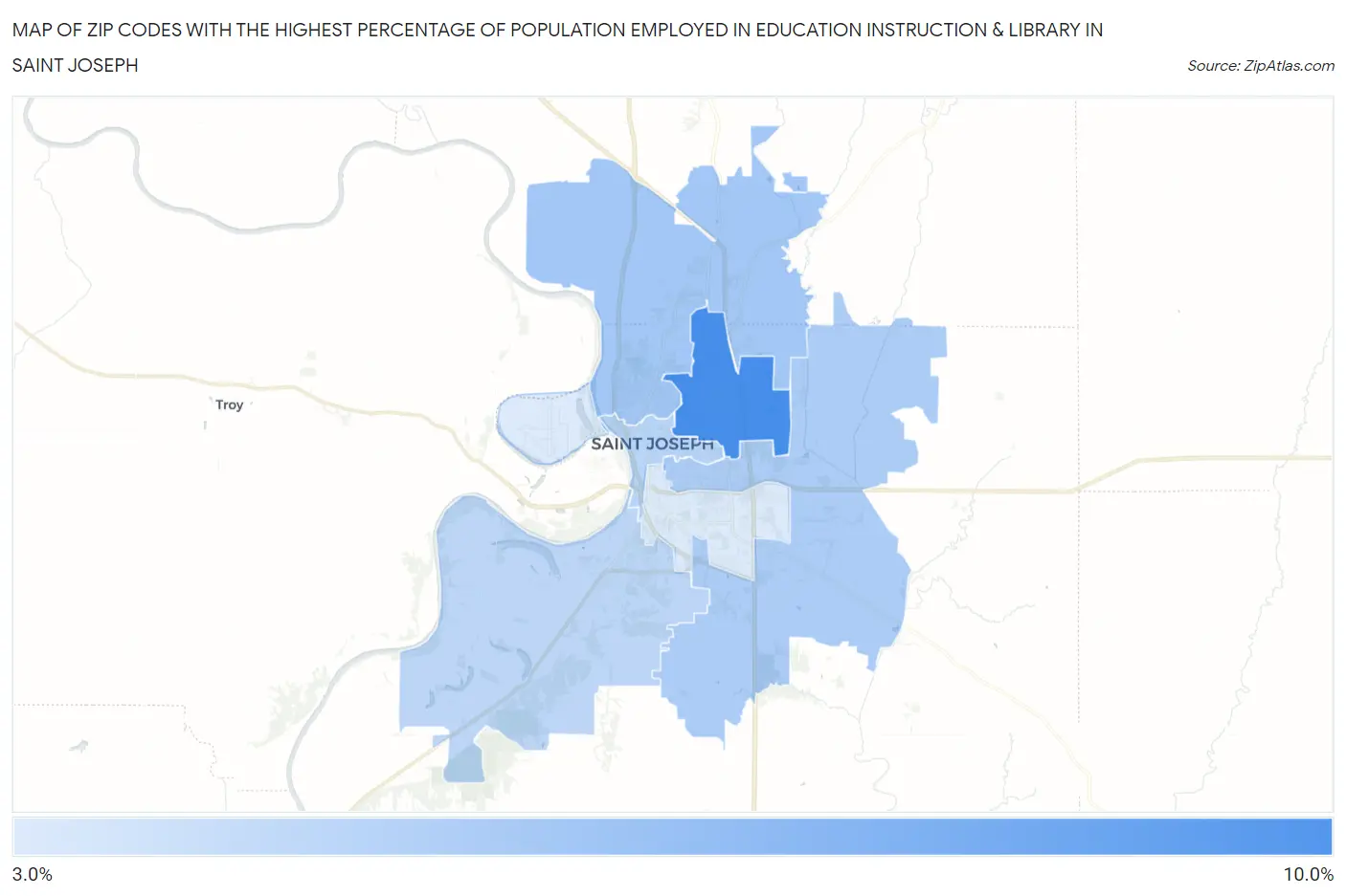 Zip Codes with the Highest Percentage of Population Employed in Education Instruction & Library in Saint Joseph Map