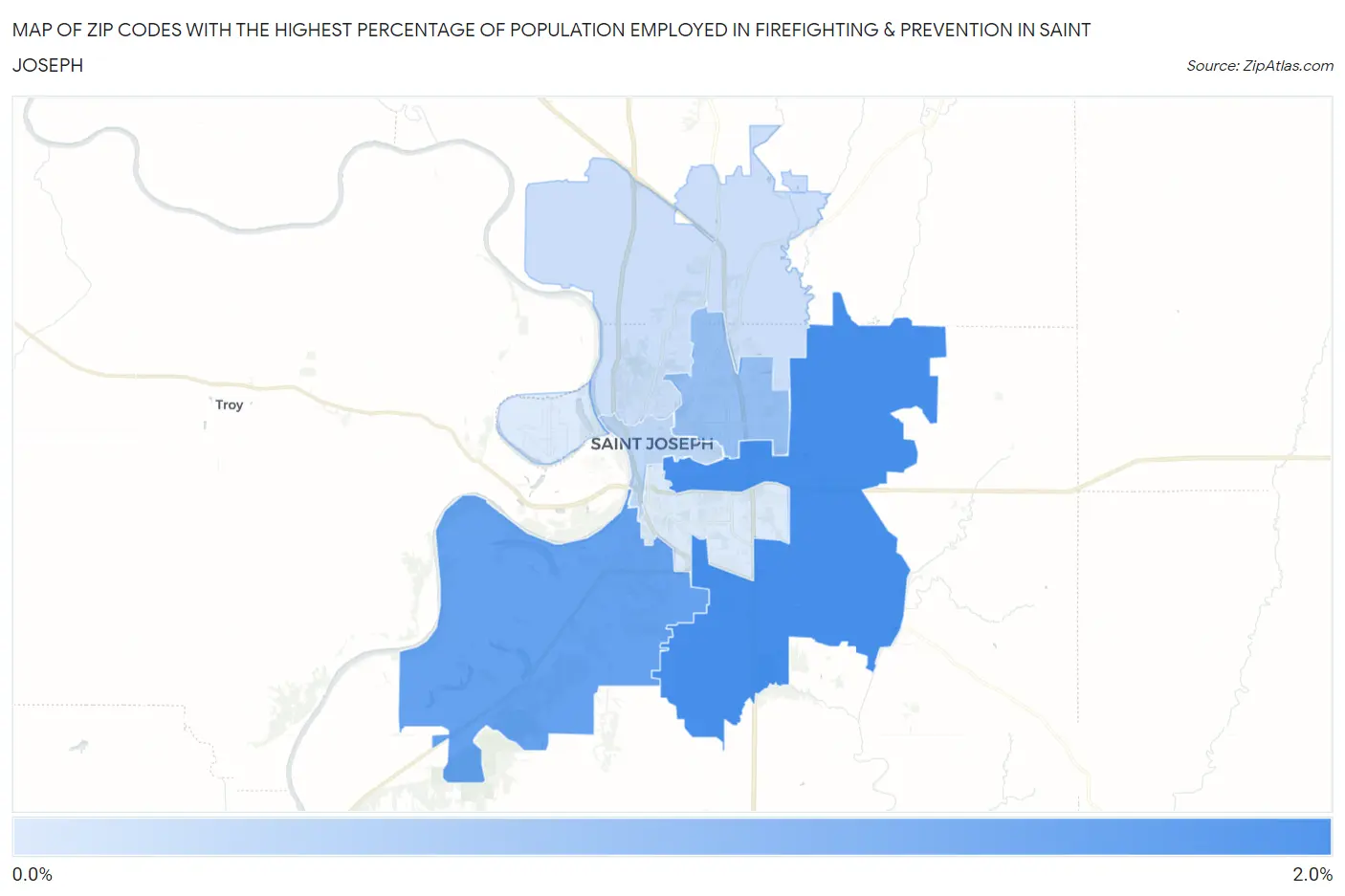 Zip Codes with the Highest Percentage of Population Employed in Firefighting & Prevention in Saint Joseph Map