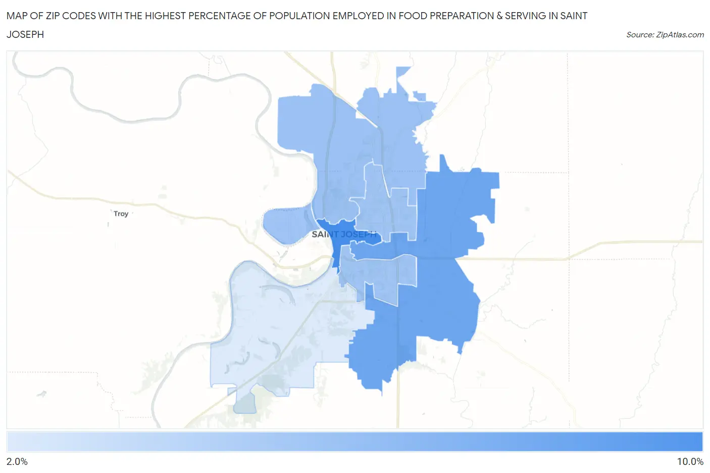 Zip Codes with the Highest Percentage of Population Employed in Food Preparation & Serving in Saint Joseph Map
