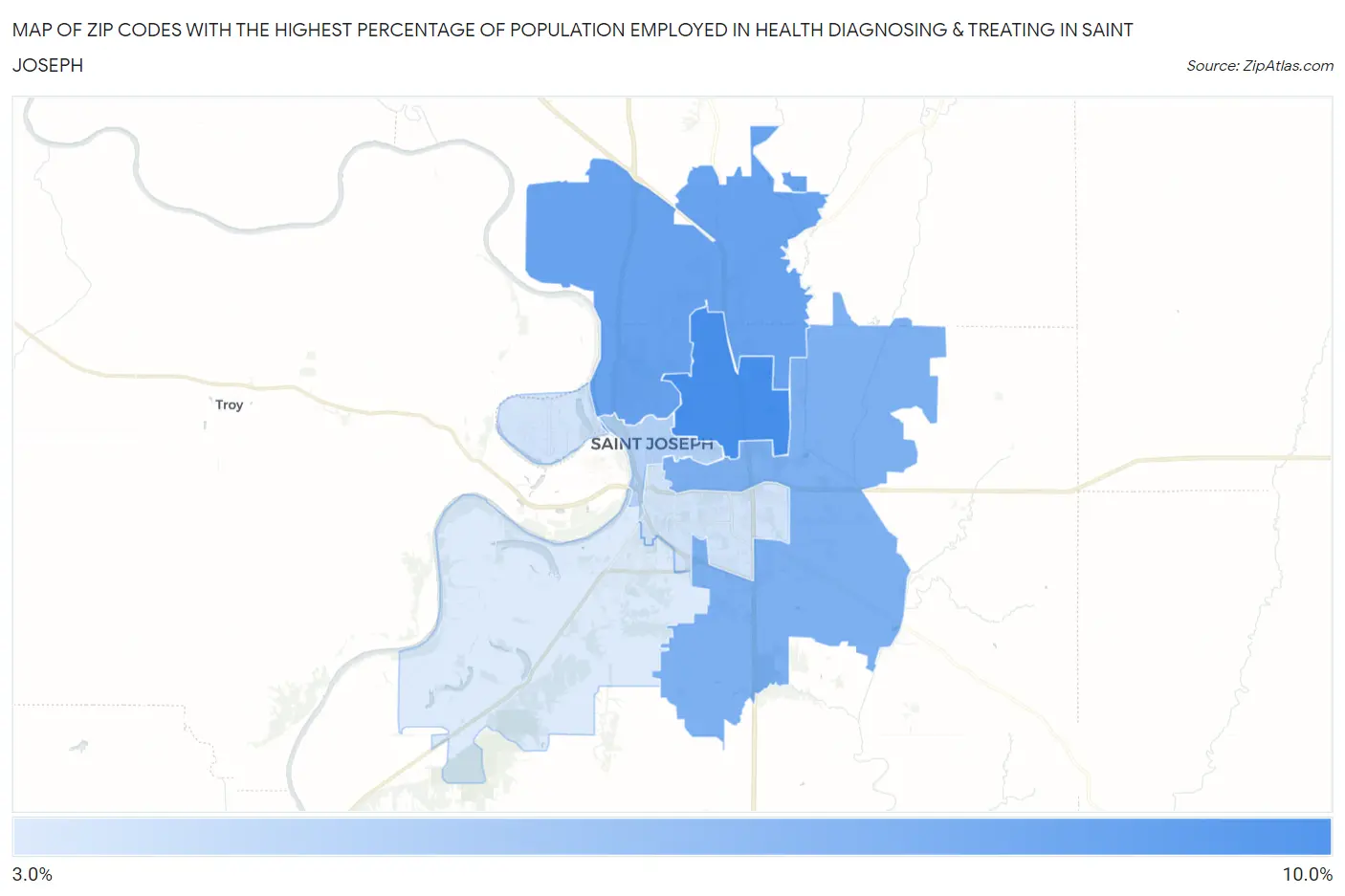 Zip Codes with the Highest Percentage of Population Employed in Health Diagnosing & Treating in Saint Joseph Map