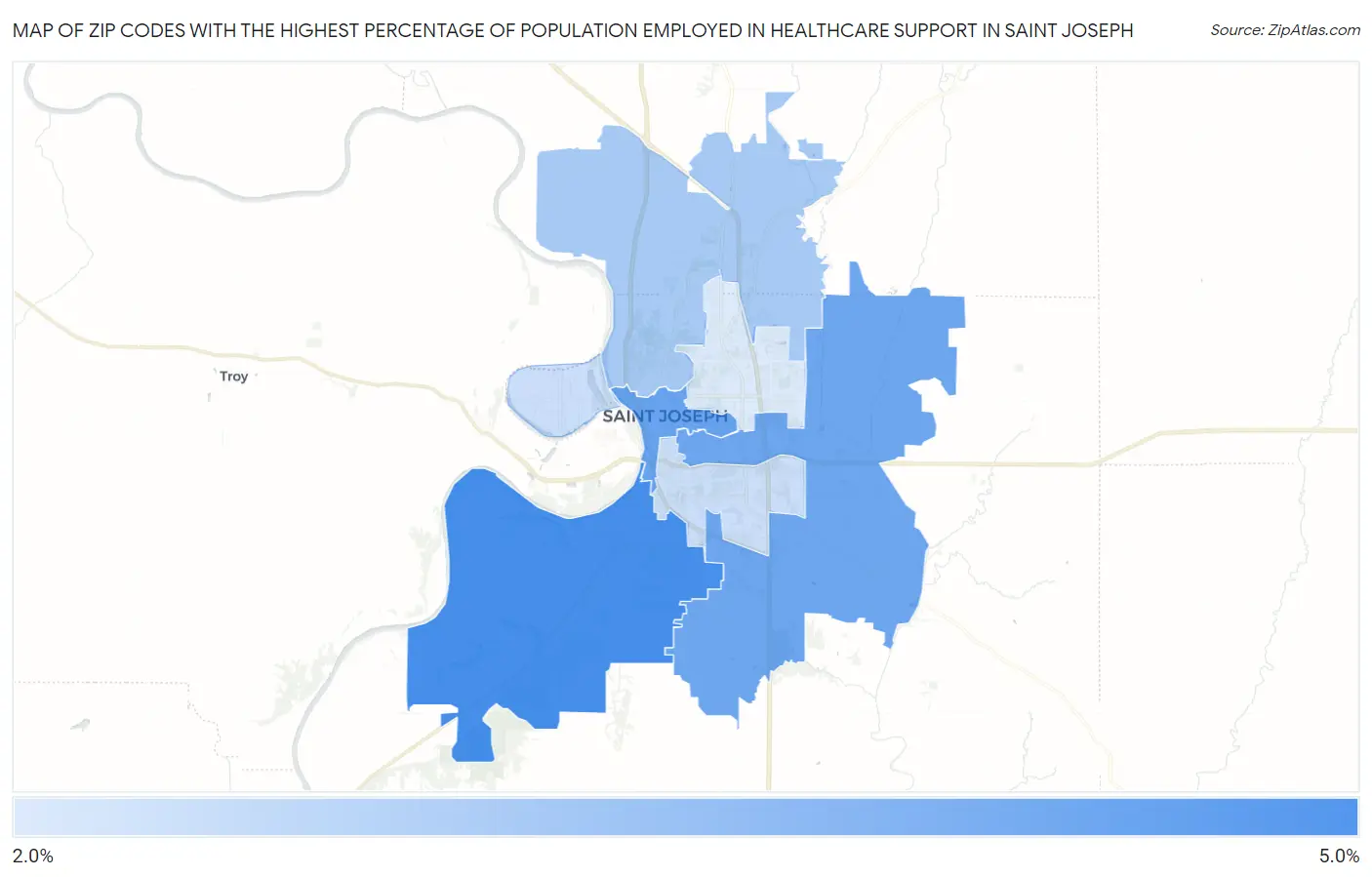 Zip Codes with the Highest Percentage of Population Employed in Healthcare Support in Saint Joseph Map
