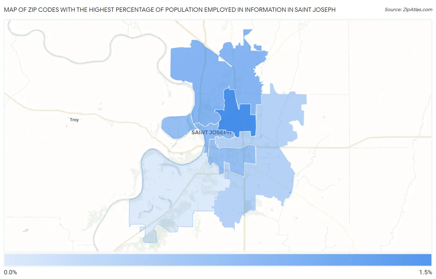 Zip Codes with the Highest Percentage of Population Employed in Information in Saint Joseph Map