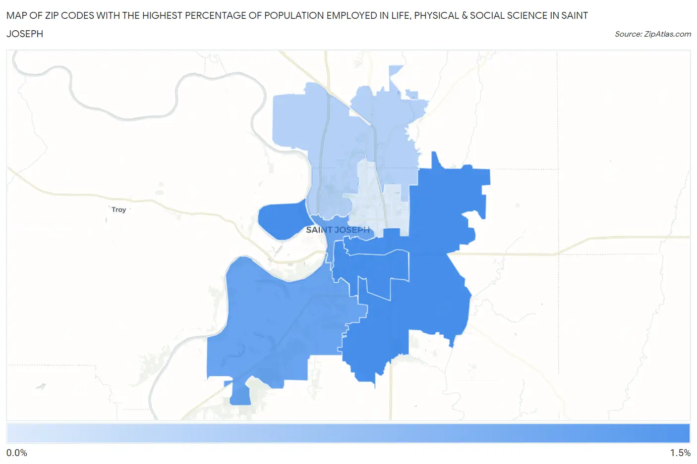 Zip Codes with the Highest Percentage of Population Employed in Life, Physical & Social Science in Saint Joseph Map
