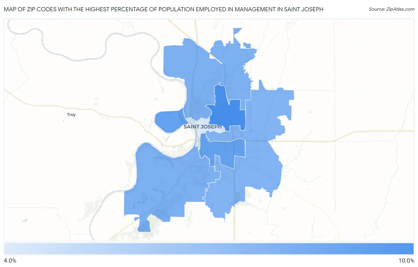 Zip Codes with the Highest Percentage of Population Employed in Management in Saint Joseph Map