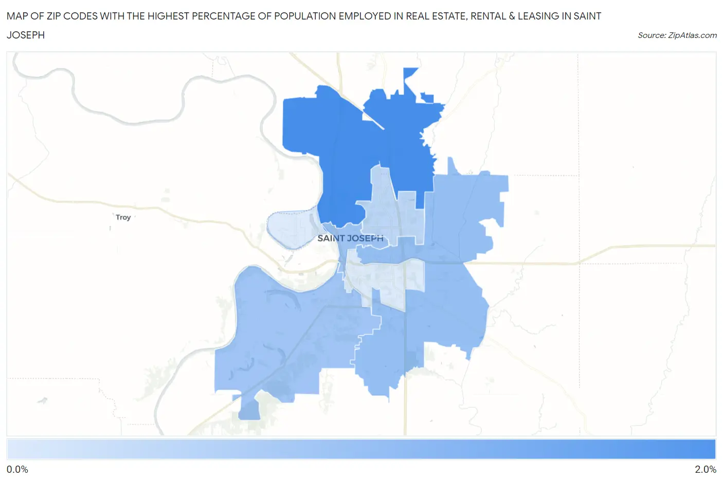 Zip Codes with the Highest Percentage of Population Employed in Real Estate, Rental & Leasing in Saint Joseph Map