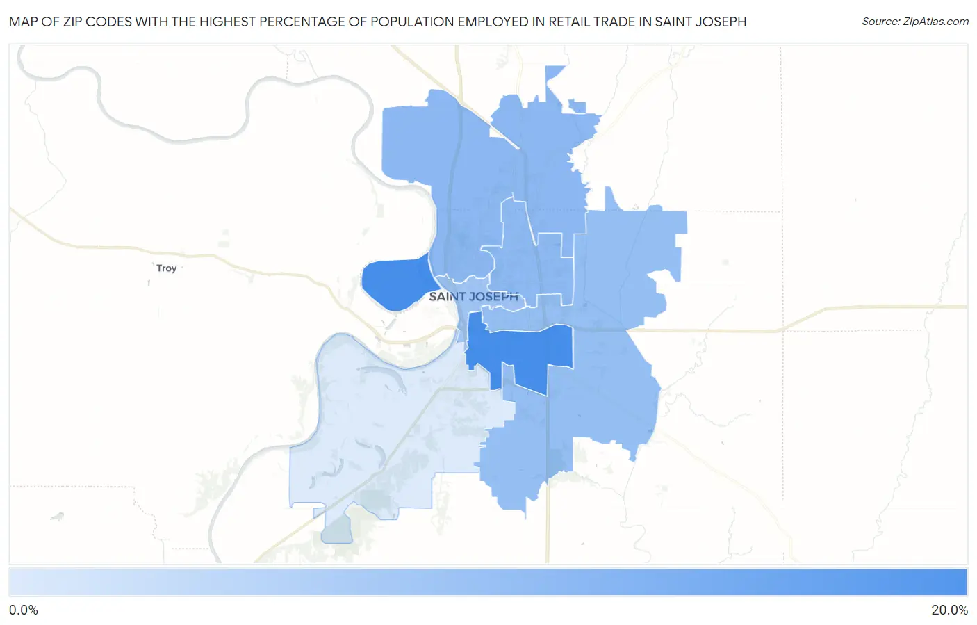 Zip Codes with the Highest Percentage of Population Employed in Retail Trade in Saint Joseph Map