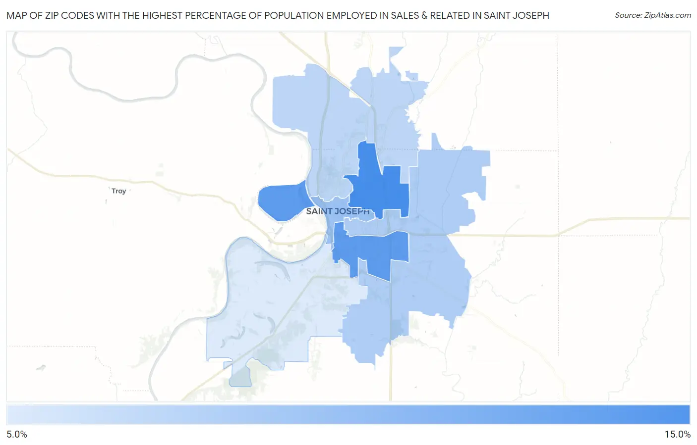 Zip Codes with the Highest Percentage of Population Employed in Sales & Related in Saint Joseph Map