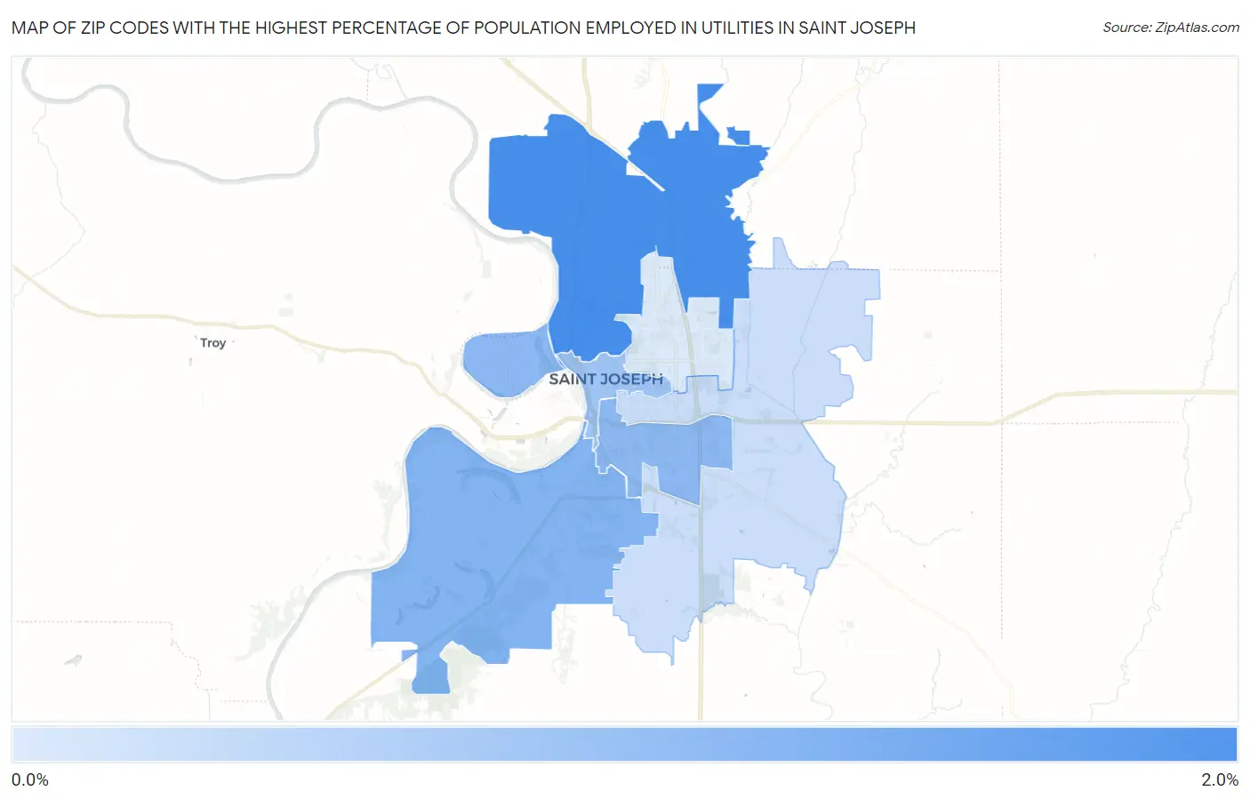 Zip Codes with the Highest Percentage of Population Employed in Utilities in Saint Joseph Map
