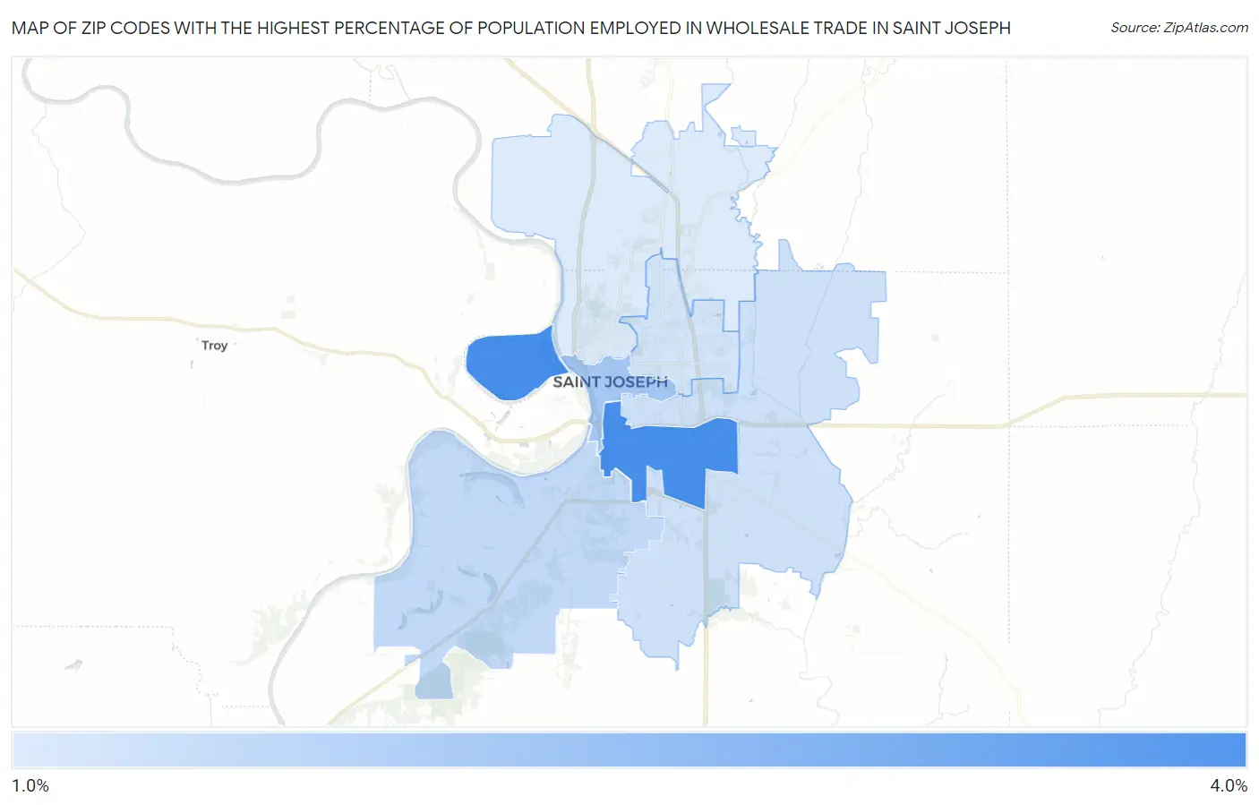 Zip Codes with the Highest Percentage of Population Employed in Wholesale Trade in Saint Joseph Map