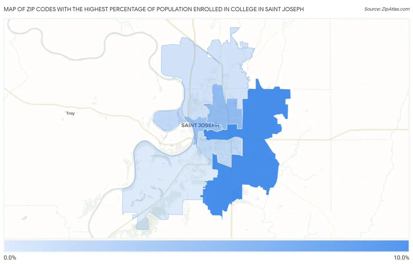 Zip Codes with the Highest Percentage of Population Enrolled in College in Saint Joseph Map