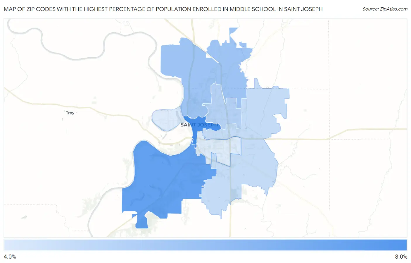 Zip Codes with the Highest Percentage of Population Enrolled in Middle School in Saint Joseph Map