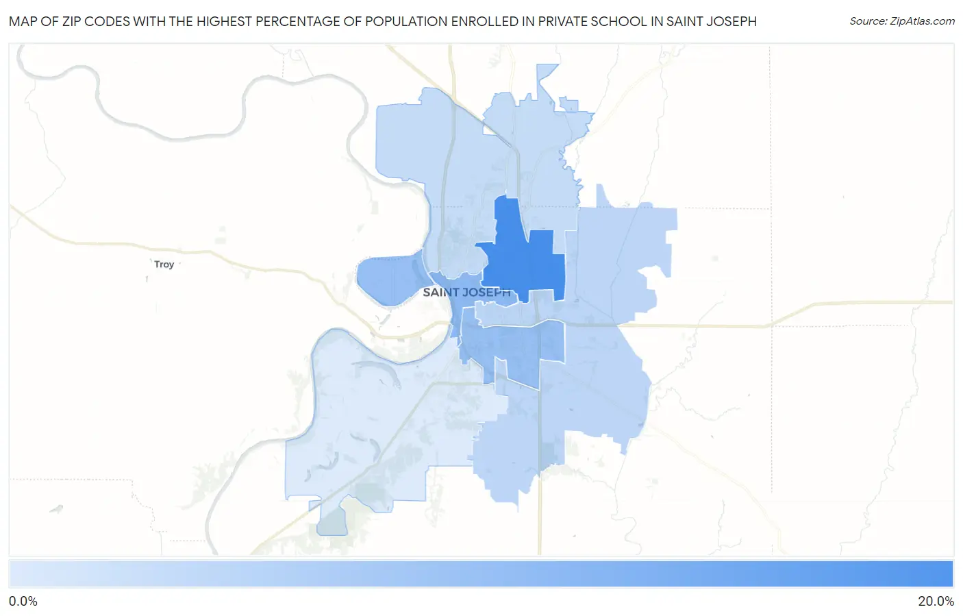 Zip Codes with the Highest Percentage of Population Enrolled in Private School in Saint Joseph Map