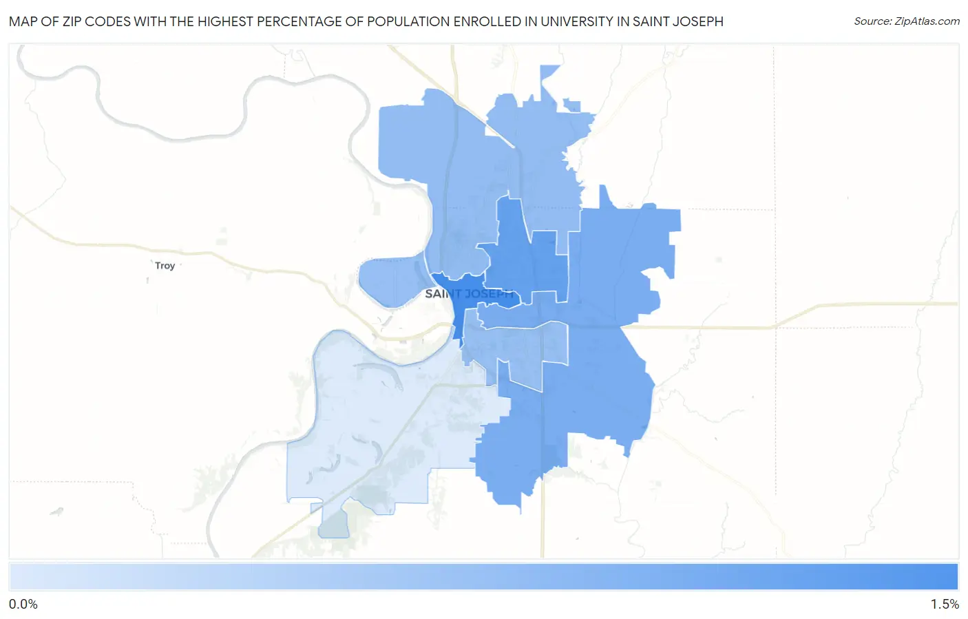 Zip Codes with the Highest Percentage of Population Enrolled in University in Saint Joseph Map