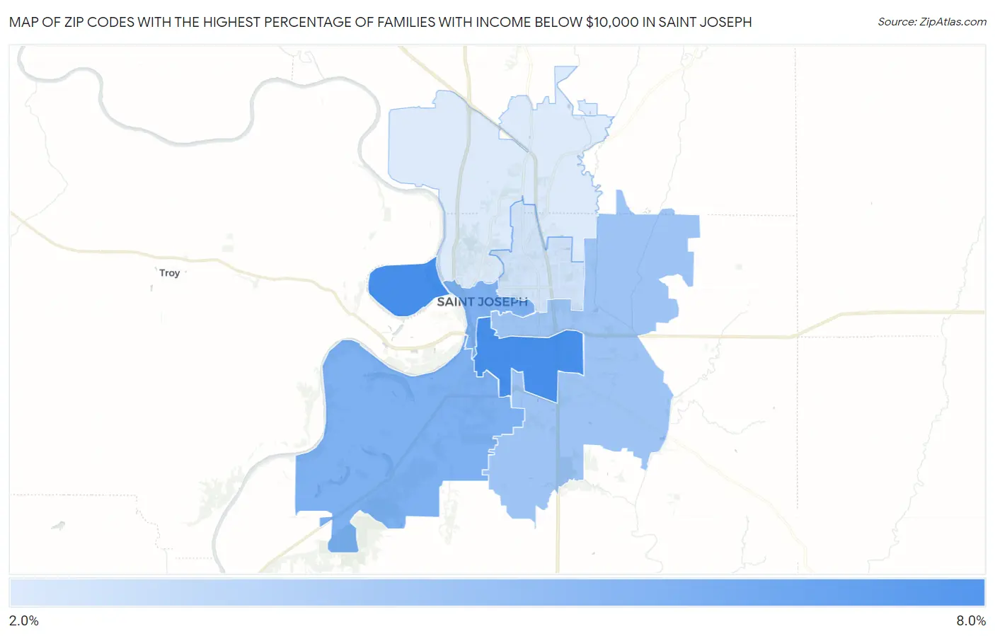Zip Codes with the Highest Percentage of Families with Income Below $10,000 in Saint Joseph Map