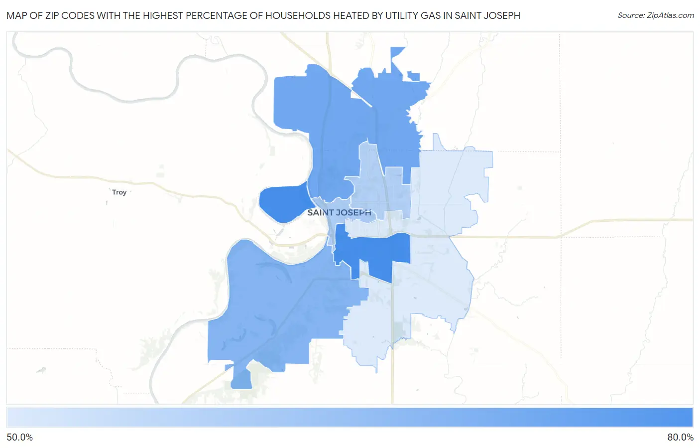 Zip Codes with the Highest Percentage of Households Heated by Utility Gas in Saint Joseph Map