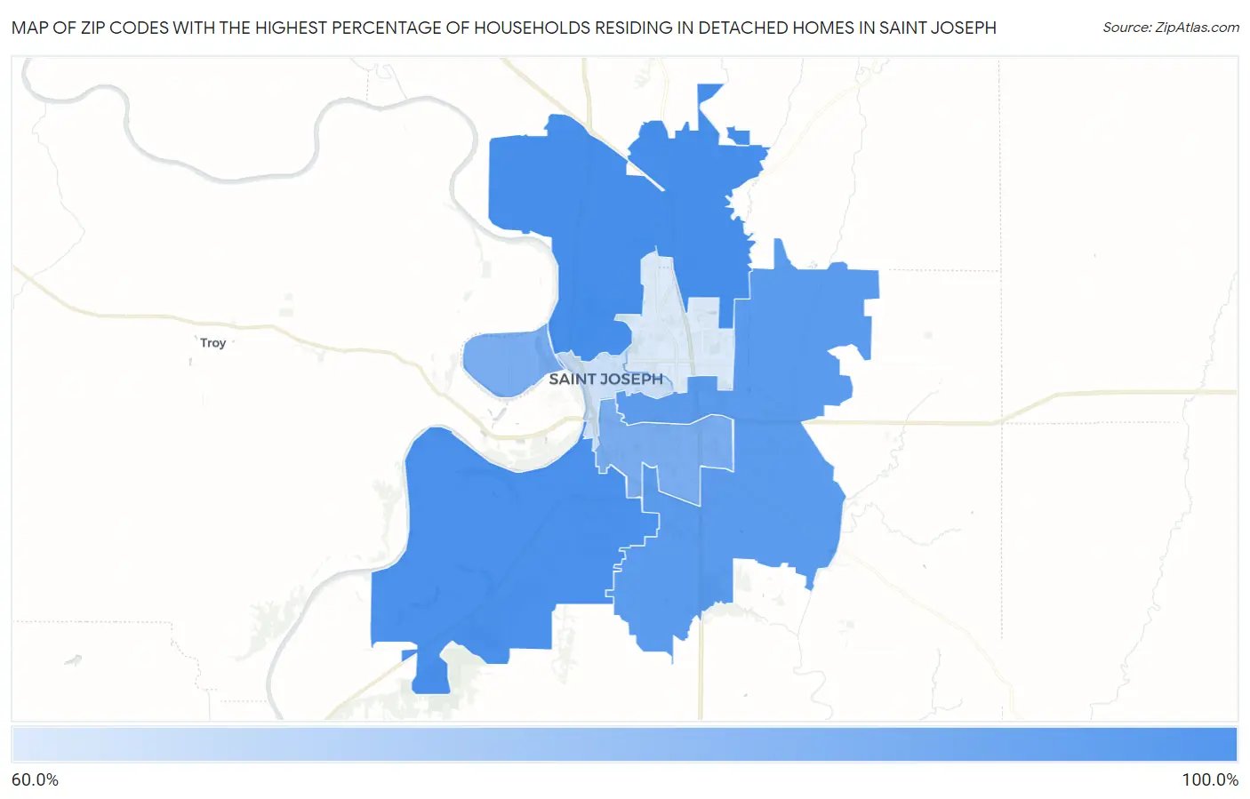 Zip Codes with the Highest Percentage of Households Residing in Detached Homes in Saint Joseph Map