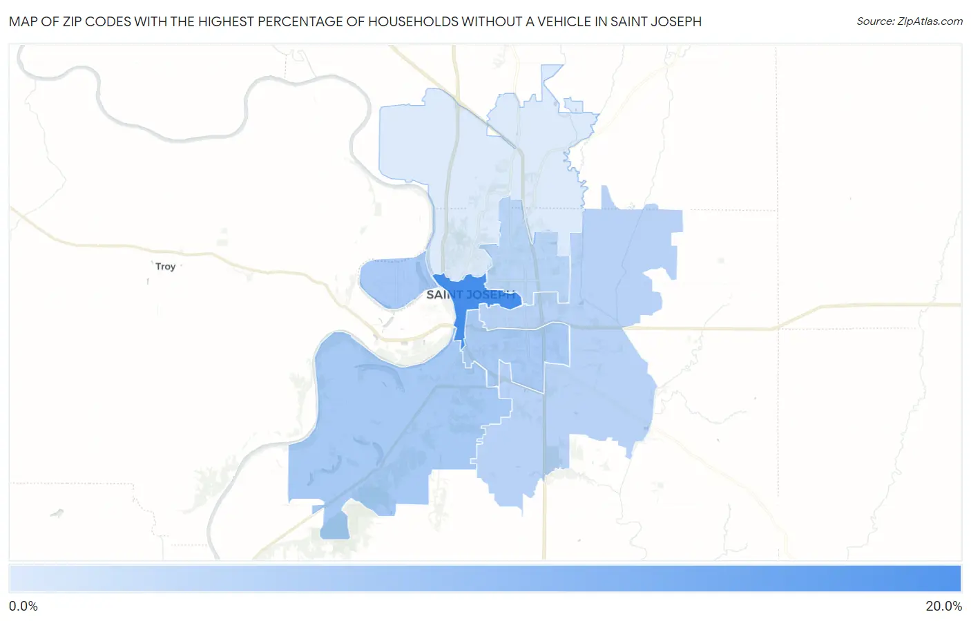 Zip Codes with the Highest Percentage of Households Without a Vehicle in Saint Joseph Map