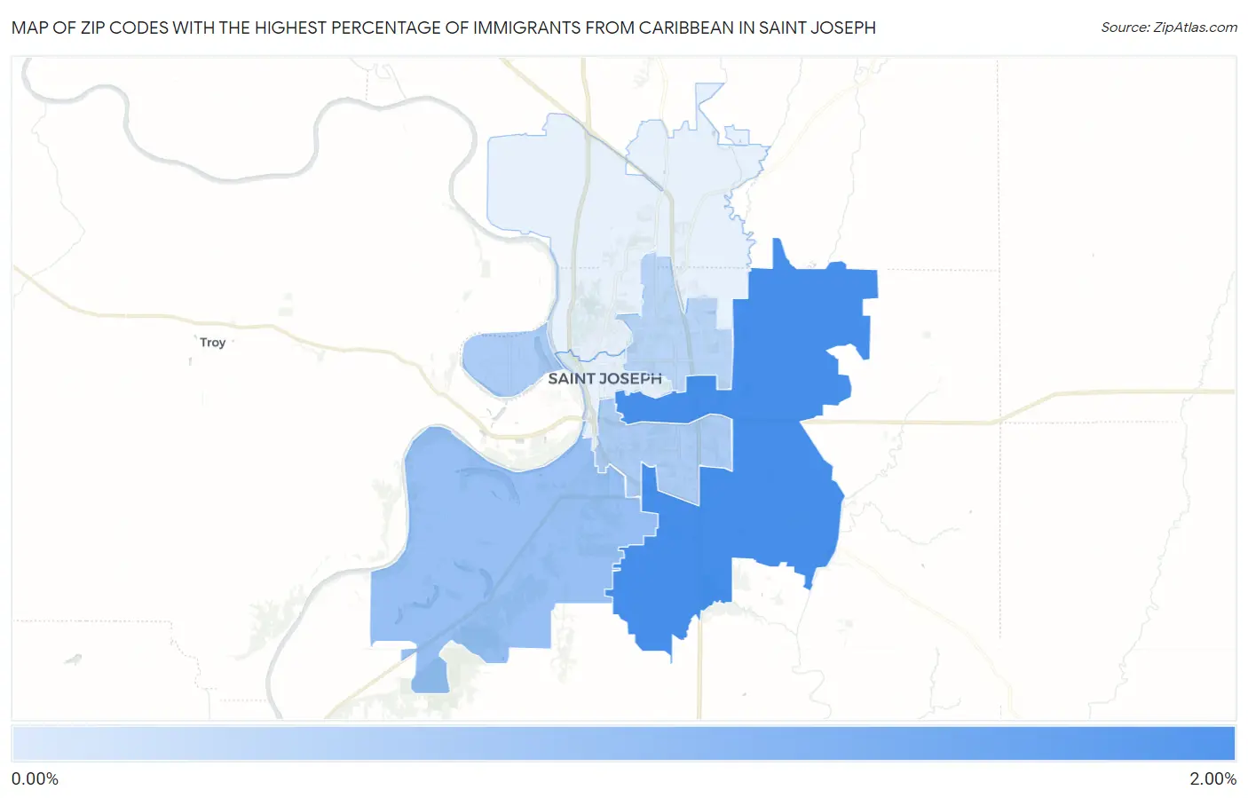 Zip Codes with the Highest Percentage of Immigrants from Caribbean in Saint Joseph Map