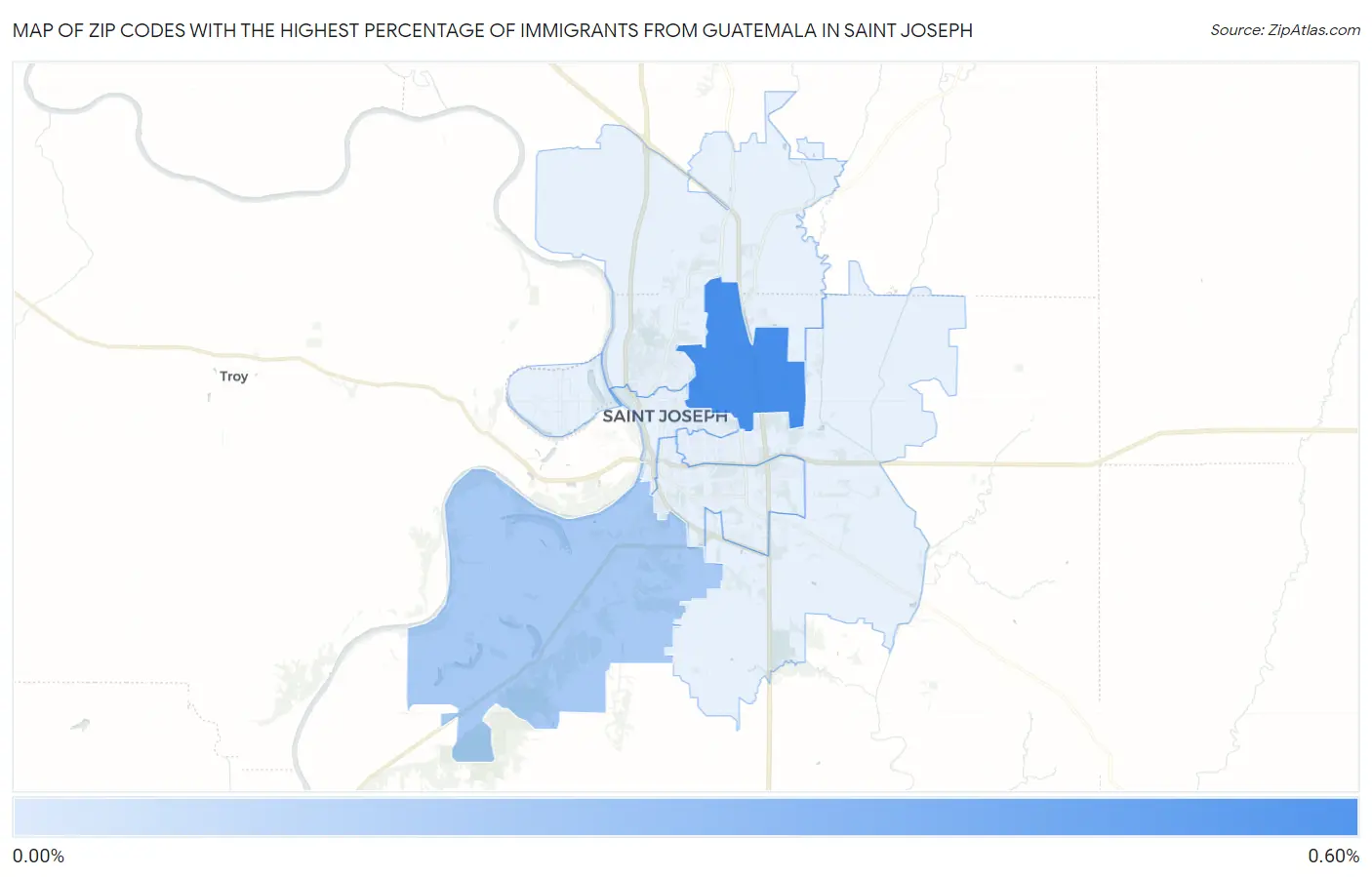 Zip Codes with the Highest Percentage of Immigrants from Guatemala in Saint Joseph Map