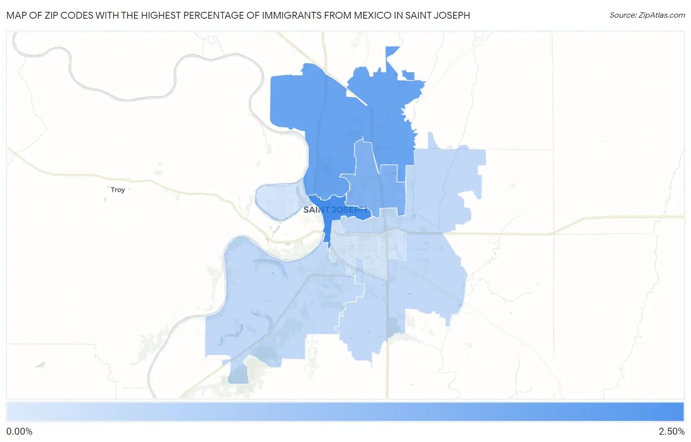 Zip Codes with the Highest Percentage of Immigrants from Mexico in Saint Joseph Map