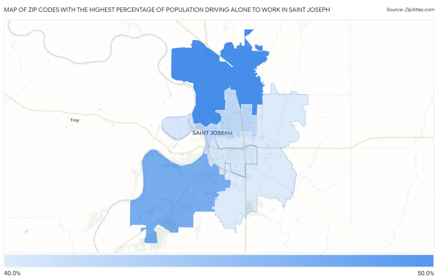 Zip Codes with the Highest Percentage of Population Driving Alone to Work in Saint Joseph Map