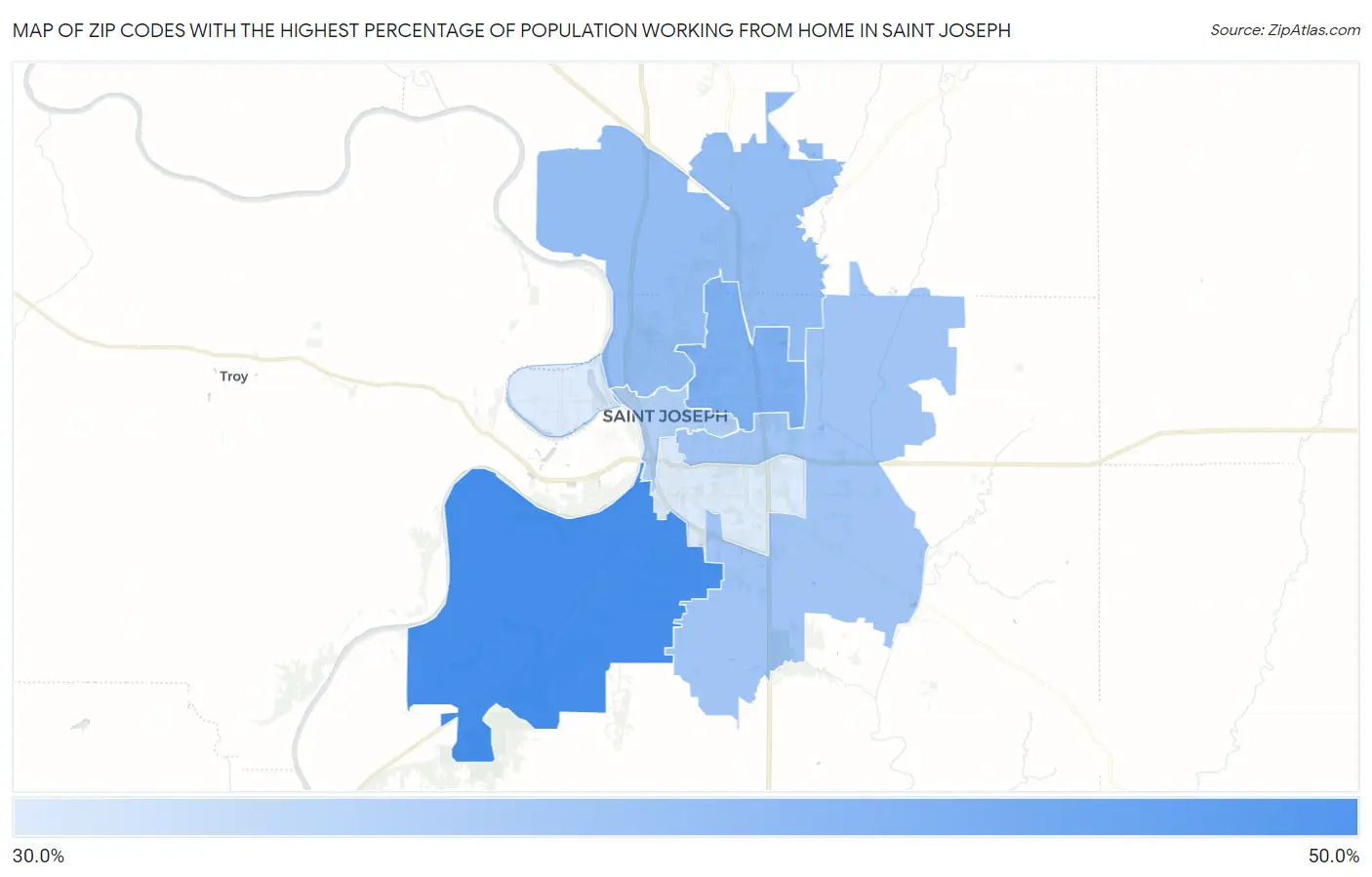 Zip Codes with the Highest Percentage of Population Working from Home in Saint Joseph Map