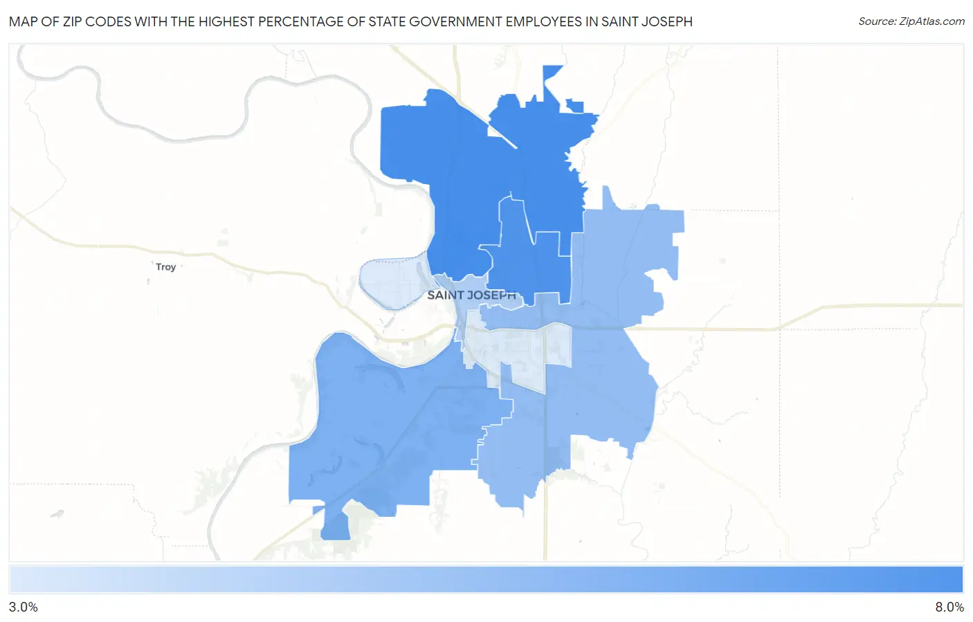 Zip Codes with the Highest Percentage of State Government Employees in Saint Joseph Map