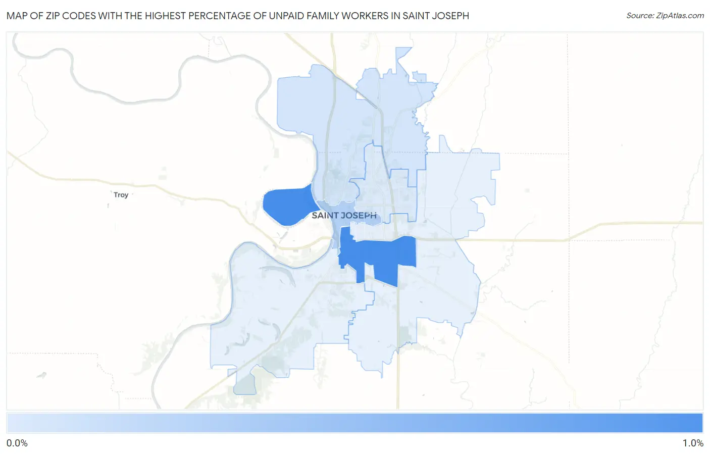 Zip Codes with the Highest Percentage of Unpaid Family Workers in Saint Joseph Map