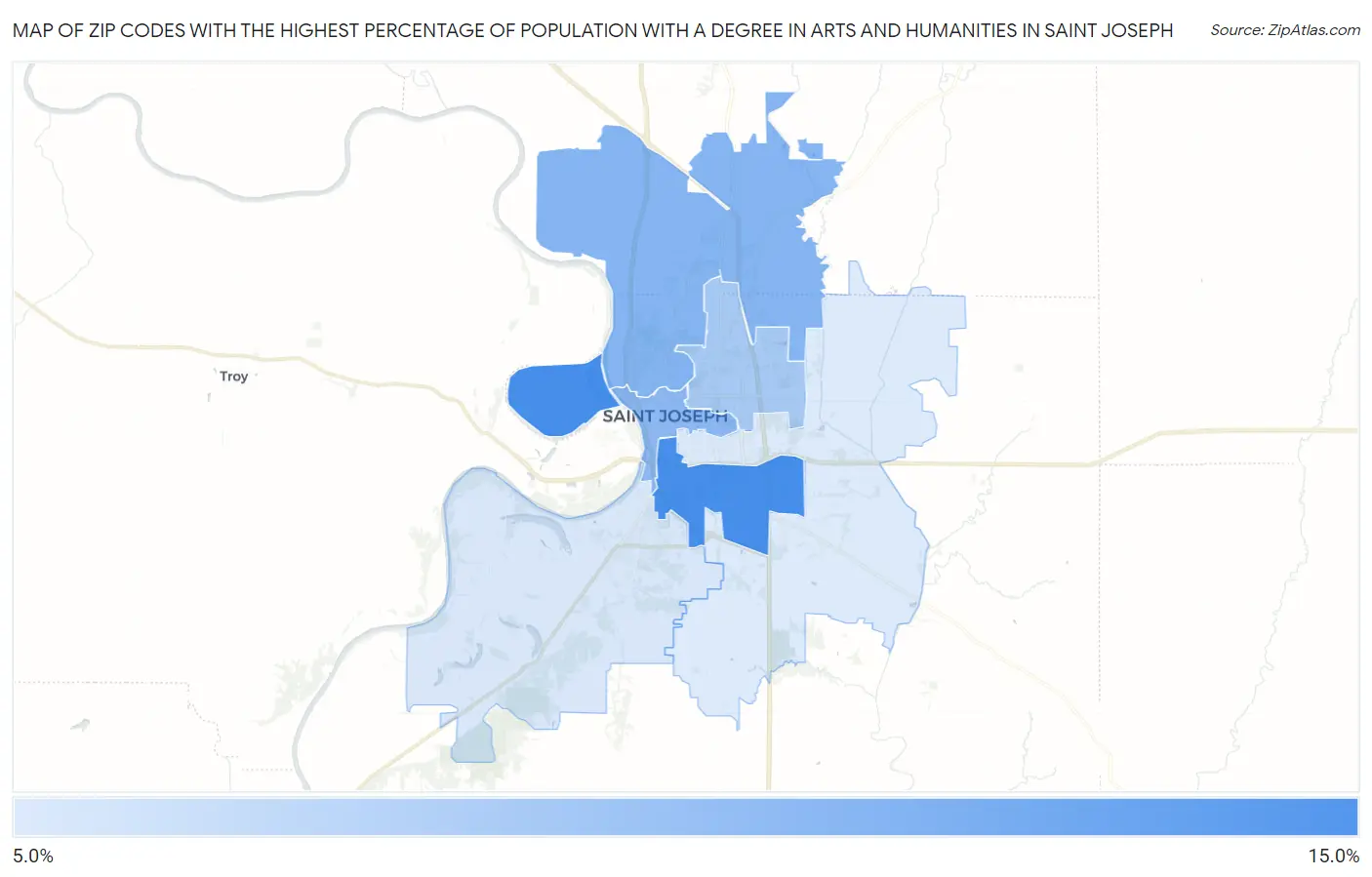 Zip Codes with the Highest Percentage of Population with a Degree in Arts and Humanities in Saint Joseph Map