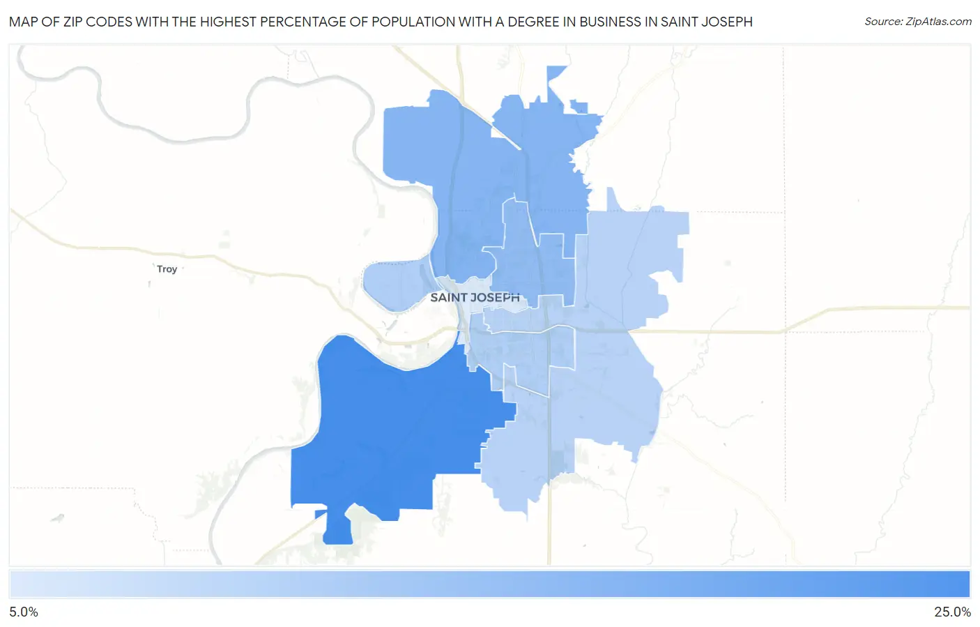 Zip Codes with the Highest Percentage of Population with a Degree in Business in Saint Joseph Map