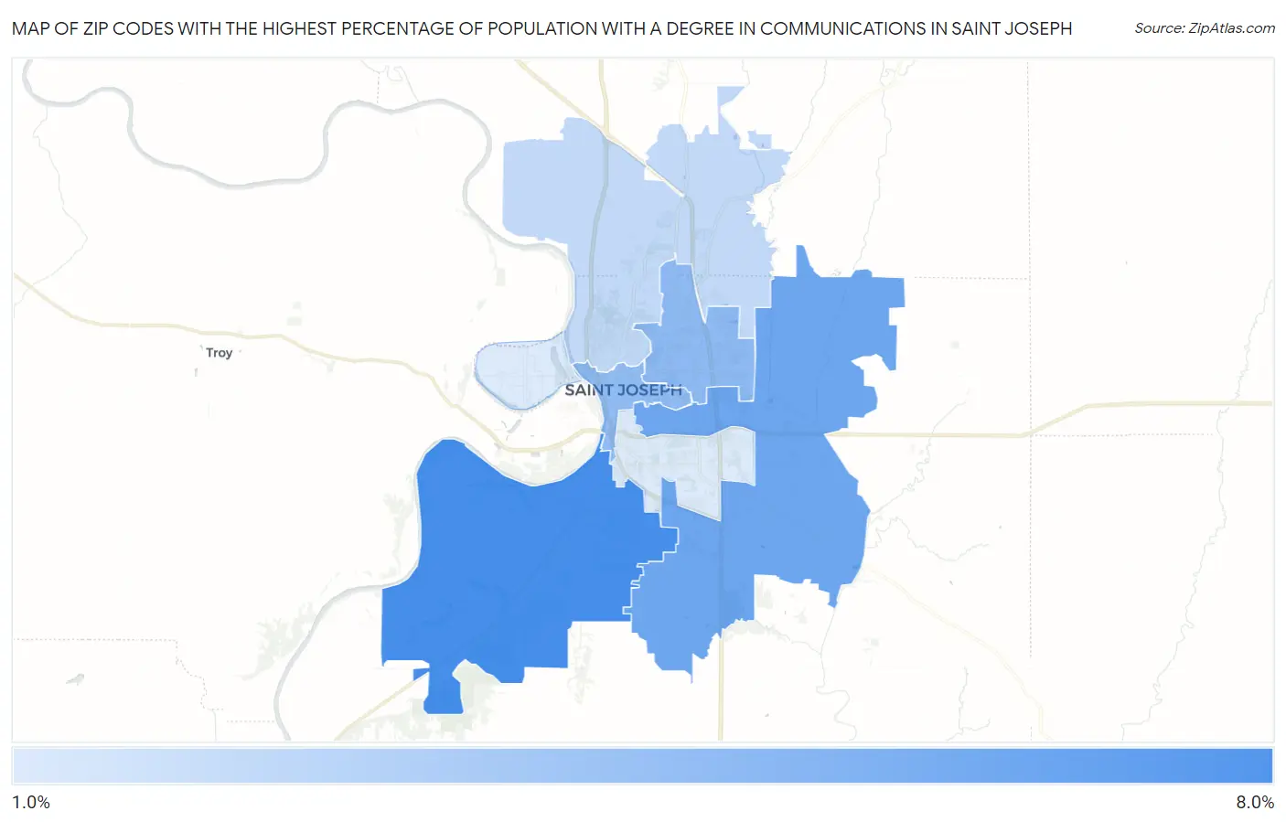 Zip Codes with the Highest Percentage of Population with a Degree in Communications in Saint Joseph Map