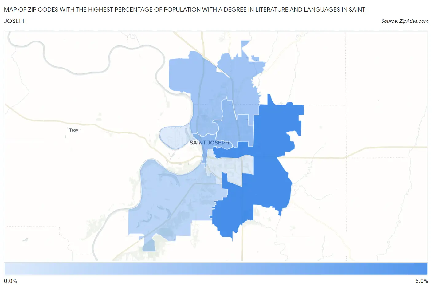 Zip Codes with the Highest Percentage of Population with a Degree in Literature and Languages in Saint Joseph Map