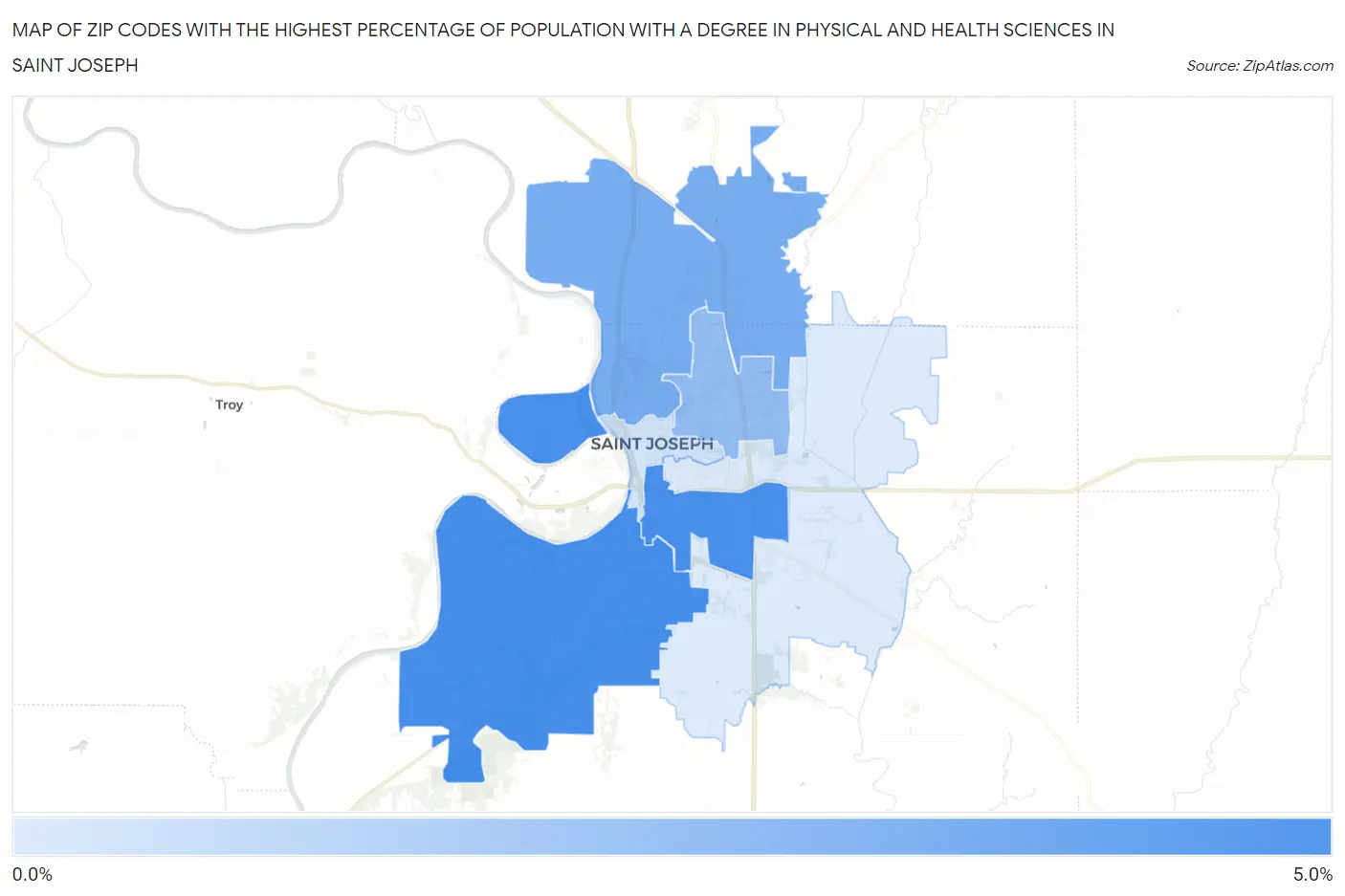 Zip Codes with the Highest Percentage of Population with a Degree in Physical and Health Sciences in Saint Joseph Map