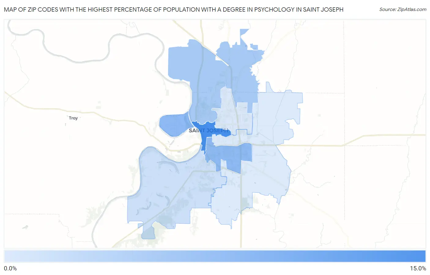 Zip Codes with the Highest Percentage of Population with a Degree in Psychology in Saint Joseph Map
