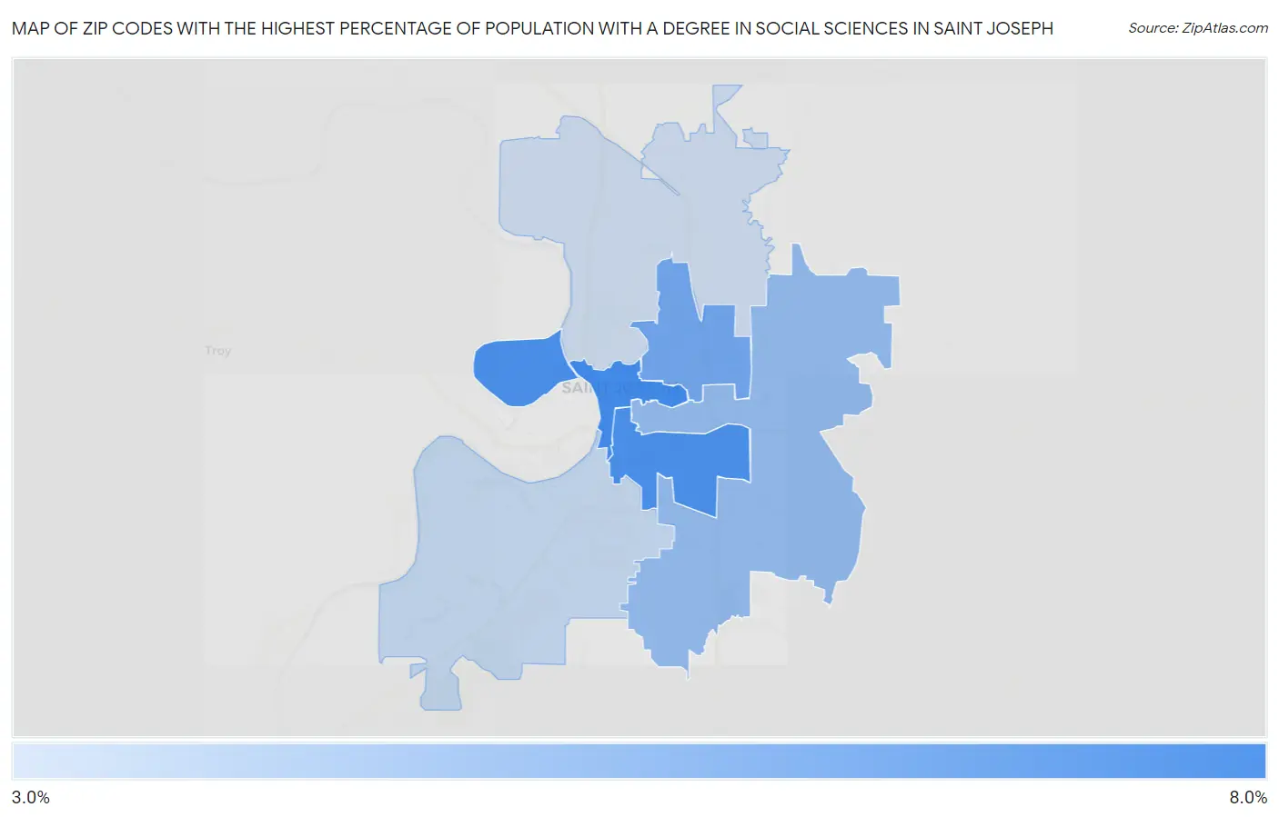 Zip Codes with the Highest Percentage of Population with a Degree in Social Sciences in Saint Joseph Map