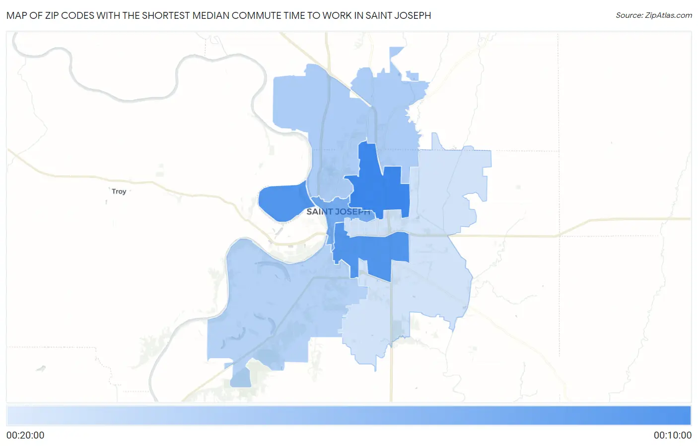 Zip Codes with the Shortest Median Commute Time to Work in Saint Joseph Map