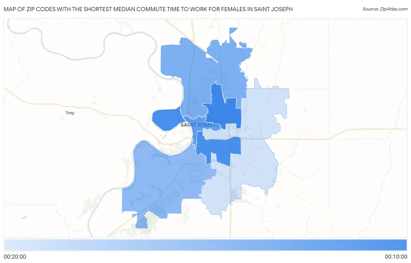 Zip Codes with the Shortest Median Commute Time to Work for Females in Saint Joseph Map