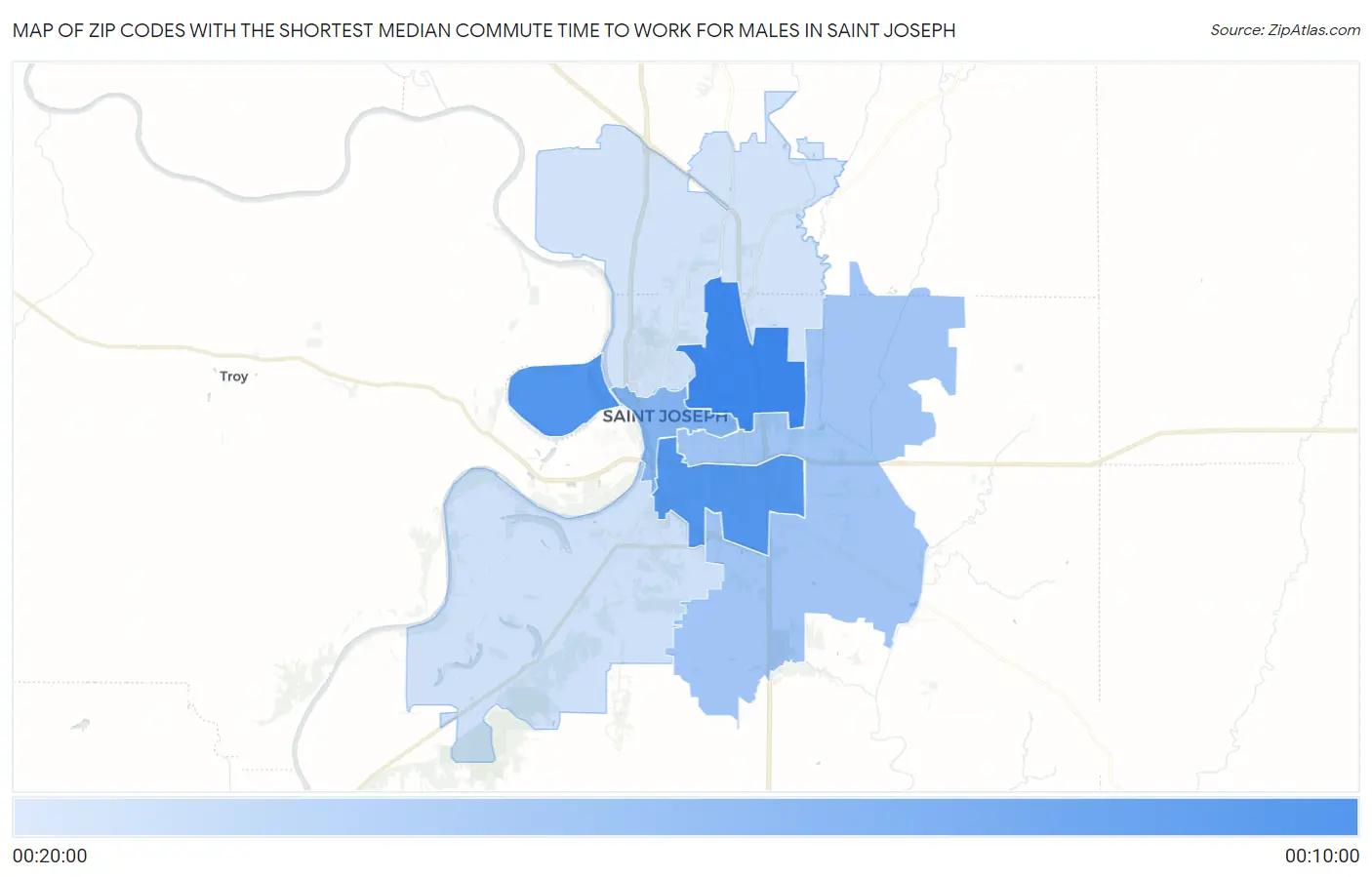Zip Codes with the Shortest Median Commute Time to Work for Males in Saint Joseph Map
