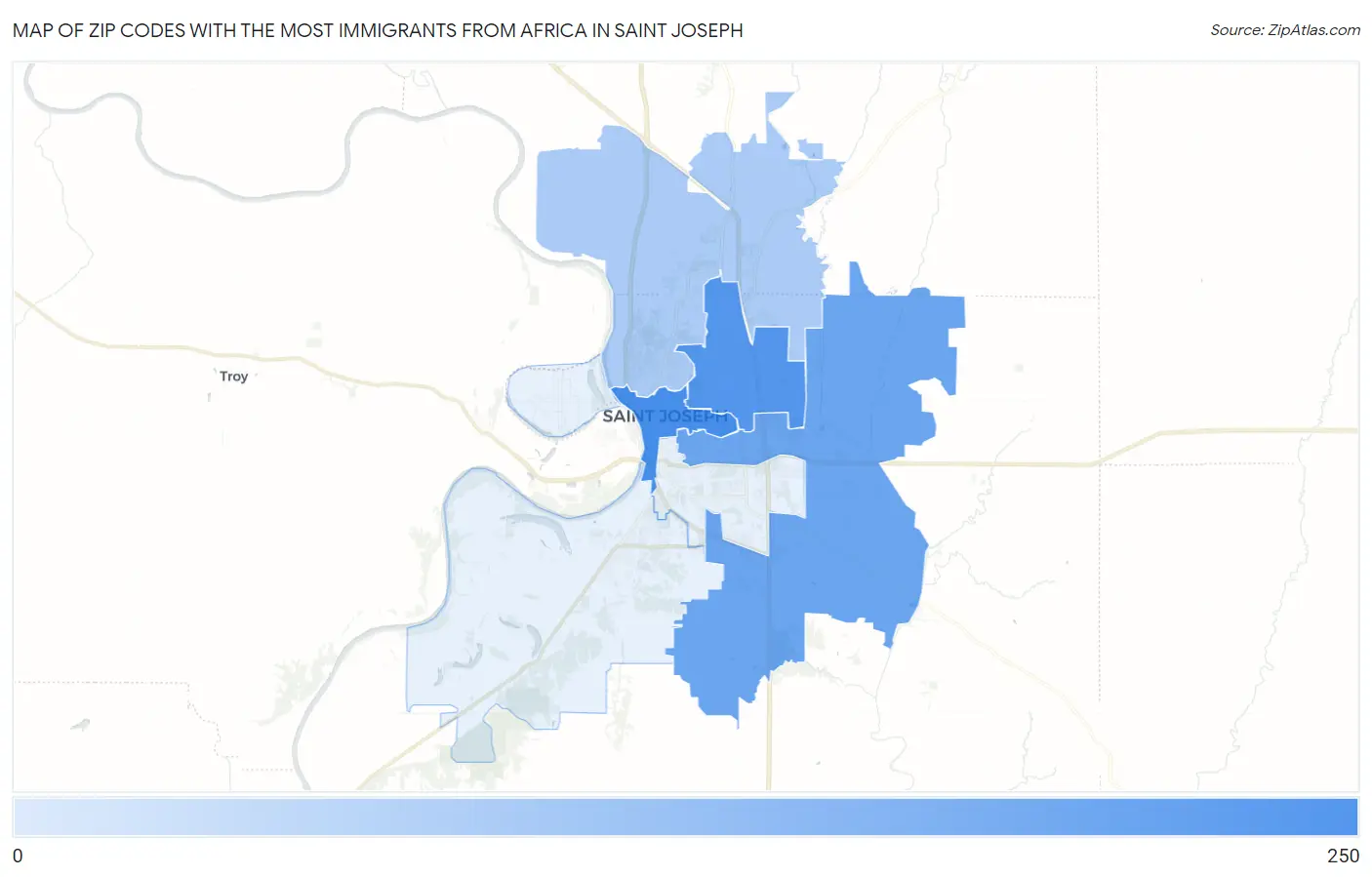 Zip Codes with the Most Immigrants from Africa in Saint Joseph Map