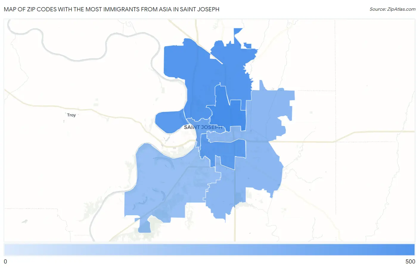 Zip Codes with the Most Immigrants from Asia in Saint Joseph Map
