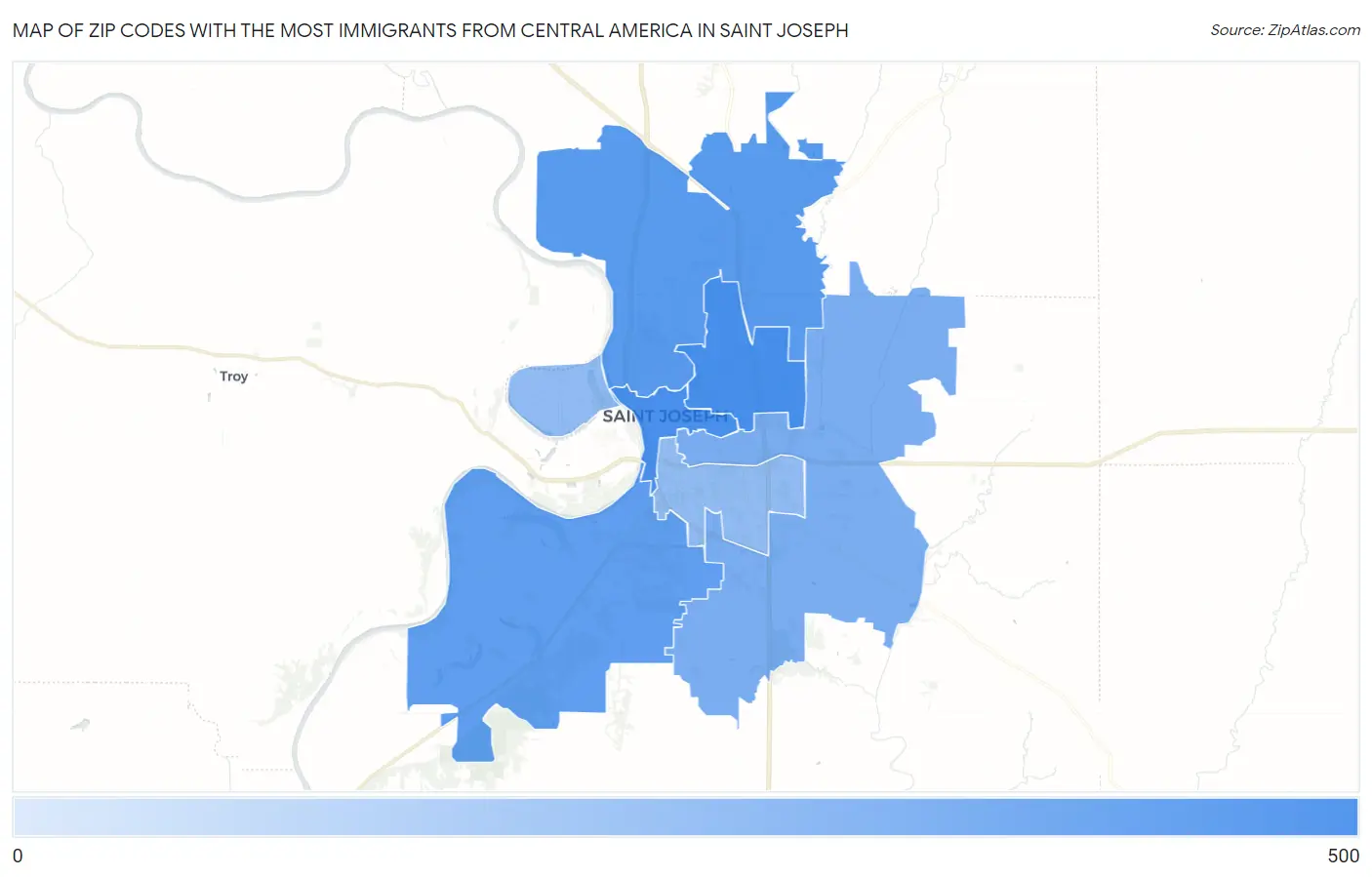 Zip Codes with the Most Immigrants from Central America in Saint Joseph Map