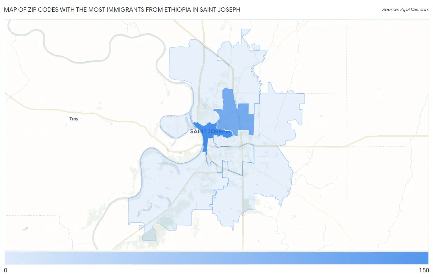 Zip Codes with the Most Immigrants from Ethiopia in Saint Joseph Map