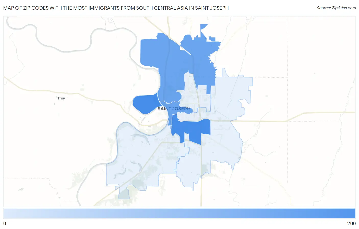 Zip Codes with the Most Immigrants from South Central Asia in Saint Joseph Map