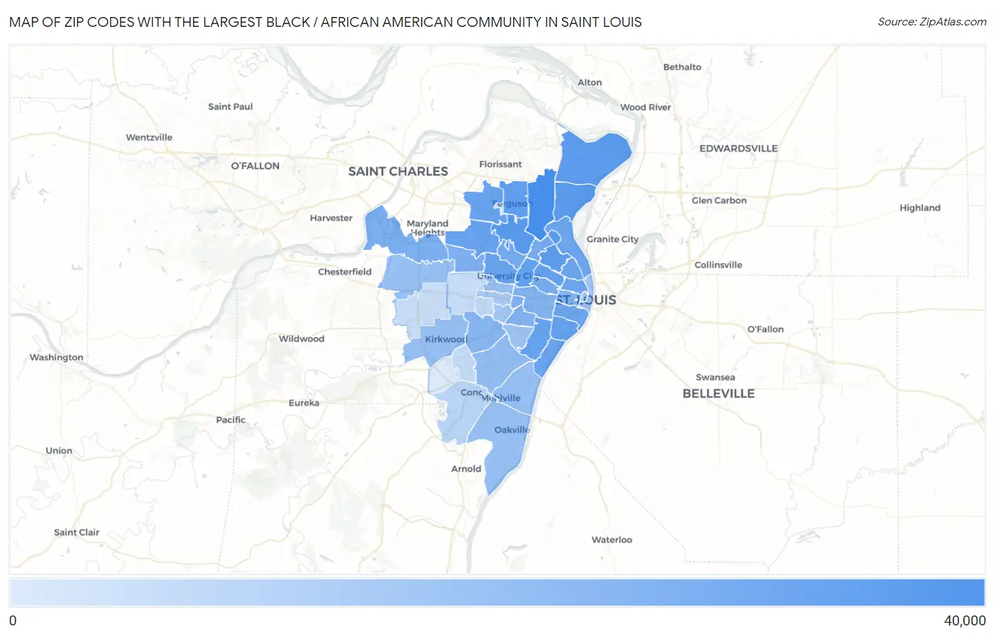 Zip Codes with the Largest Black / African American Community in Saint Louis Map
