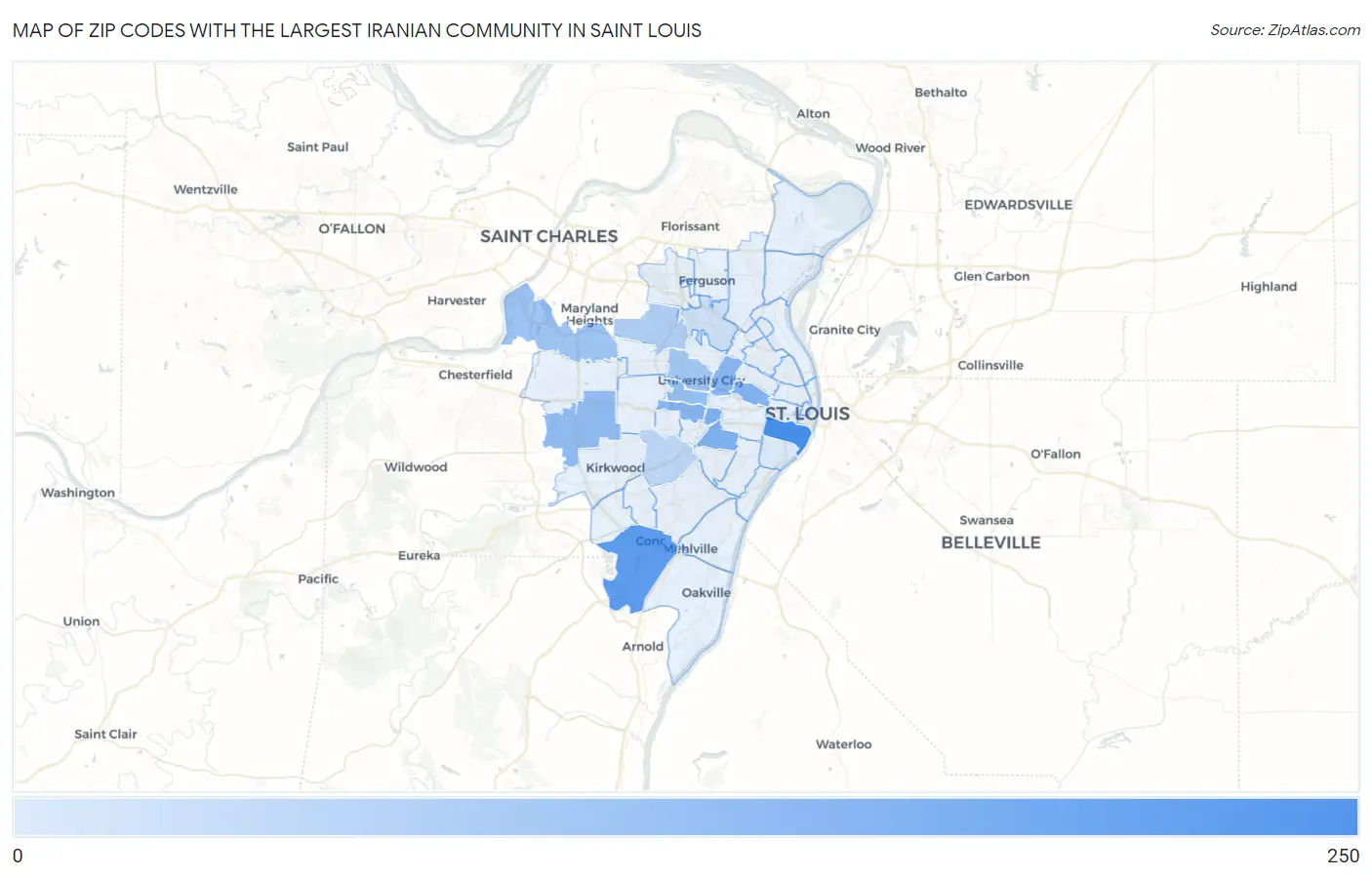 Zip Codes with the Largest Iranian Community in Saint Louis Map