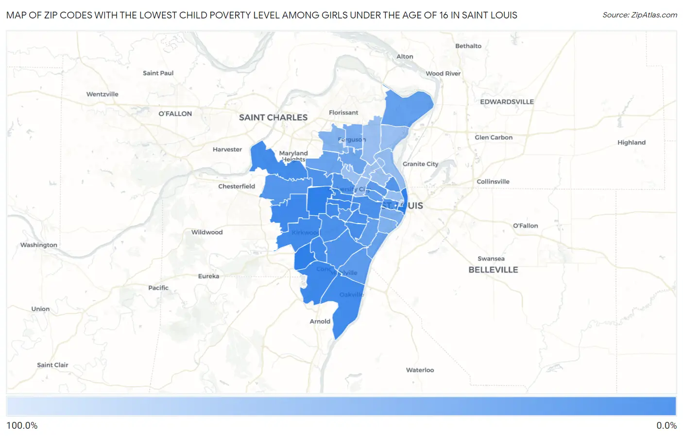 Zip Codes with the Lowest Child Poverty Level Among Girls Under the Age of 16 in Saint Louis Map
