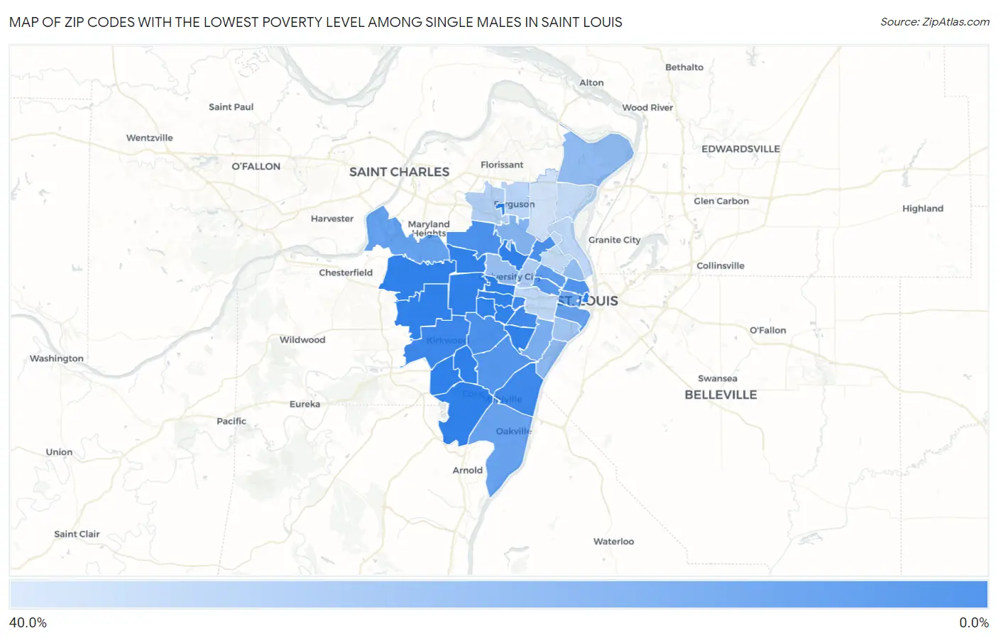 Zip Codes with the Lowest Poverty Level Among Single Males in Saint Louis Map