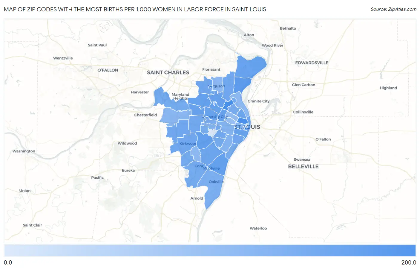 Zip Codes with the Most Births per 1,000 Women in Labor Force in Saint Louis Map