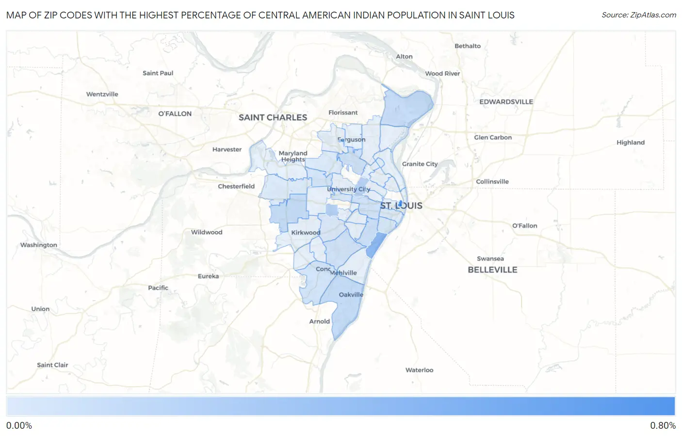 Zip Codes with the Highest Percentage of Central American Indian Population in Saint Louis Map